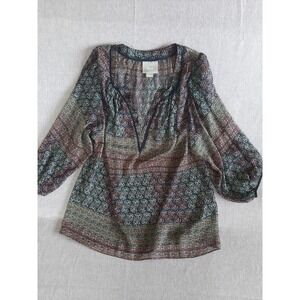 Maeve Womens Medium Multicolored Floral Sheer Poppy Top Blouse 3/4 Sleeve V-Neck